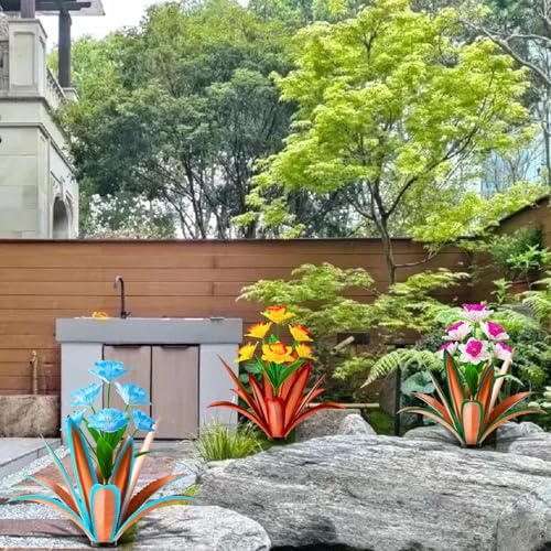 Image of TOMBABY Huge Metal Agave Plants Outdoor Decoration Outdoor Garden Decorated with Flowers Mexican Yard Art Plant Garden Gift (Blue 1 Pack)