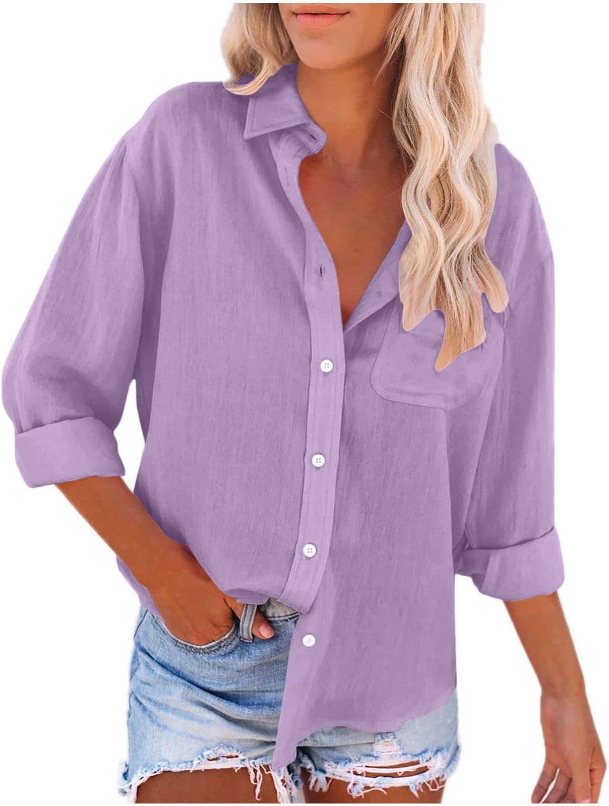 Linen Shirts for Women with Pockets Long Sleeve Button Down Shirt Blouse Loose Fit Vacation Beach Work Tops Clothes