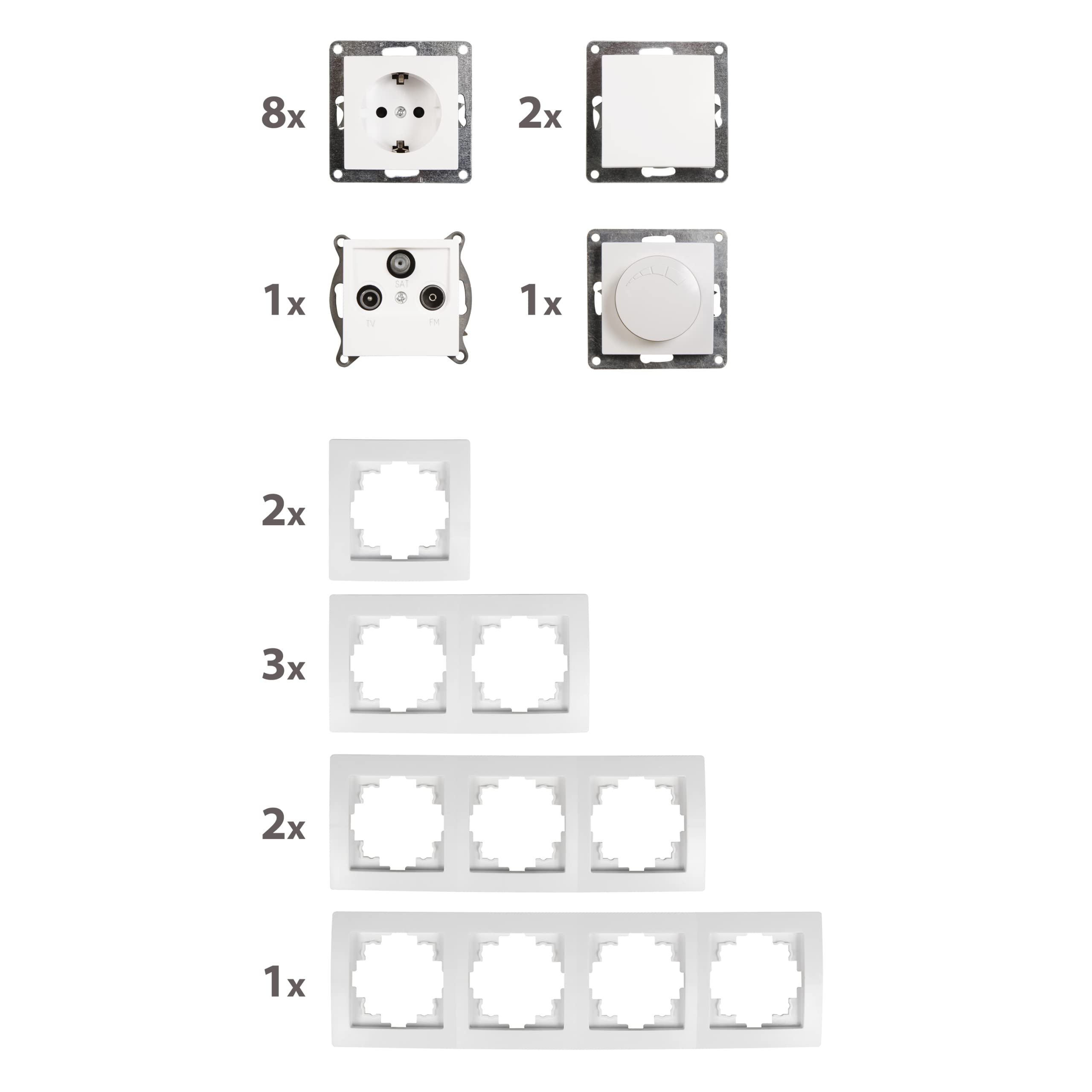 MC POWER - FLAIR - Wand Steckdosen und Schalter Set | Wohnlandschaft Dimmer | 20-teilig | Lichtschalter, Licht-Dimmer, Unterputz-Steckdosen, Antennendose weiß-matt