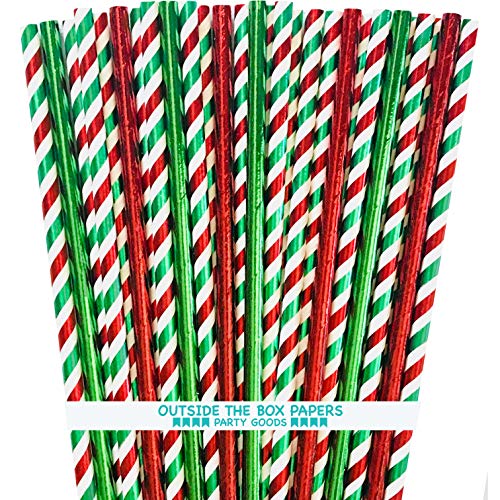 Christmas Foil Paper Straws - Red Green White - Stripe and Solid - 7.75 Inches - 100 Pack - Outside the Box Papers Brand