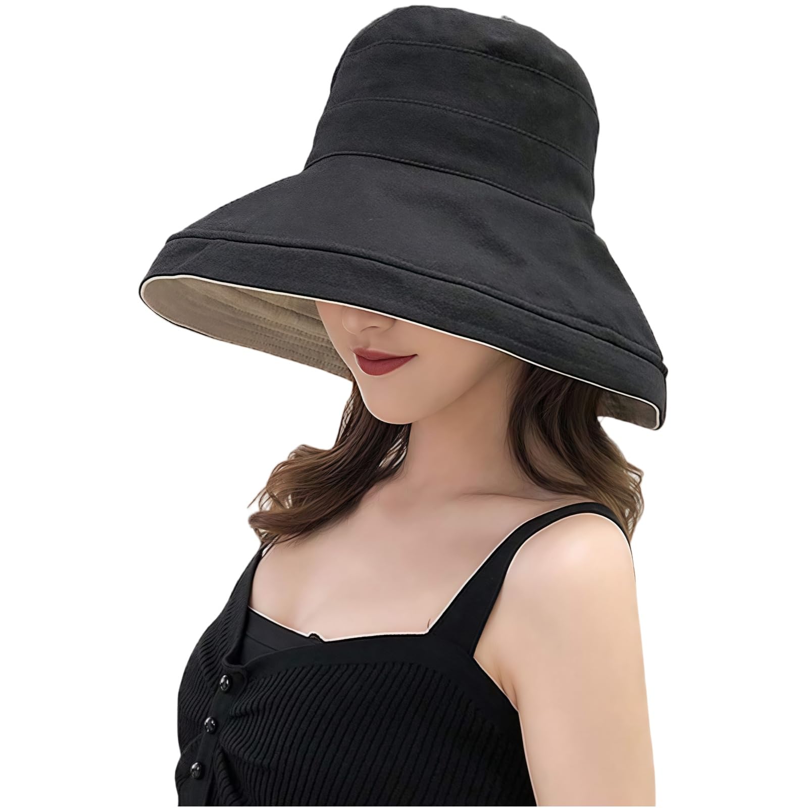 Ulalaza Foldable Packable Adjustable Sun Bucket Uv Wide Brim Summer Hat Women Beach Safari Hiking Travel Bonnie Black