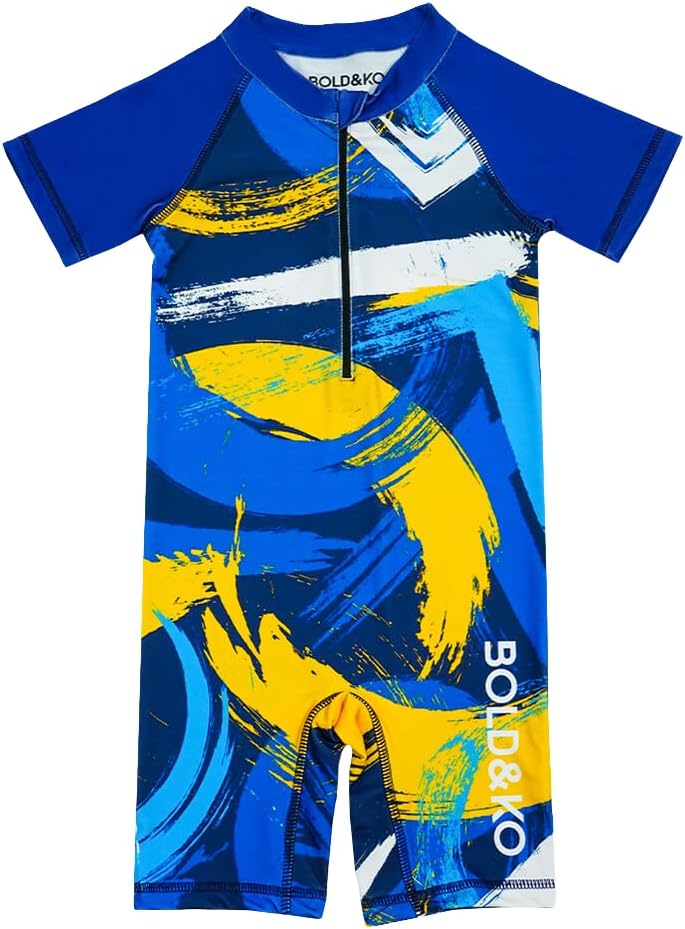 Girls Shortsleeve Rash Guard Anti-bacterial Fabric One Piece Swimsuit Kids UPF 50+ Sun Protection Swimwear Blue Abstract Bathing Suit