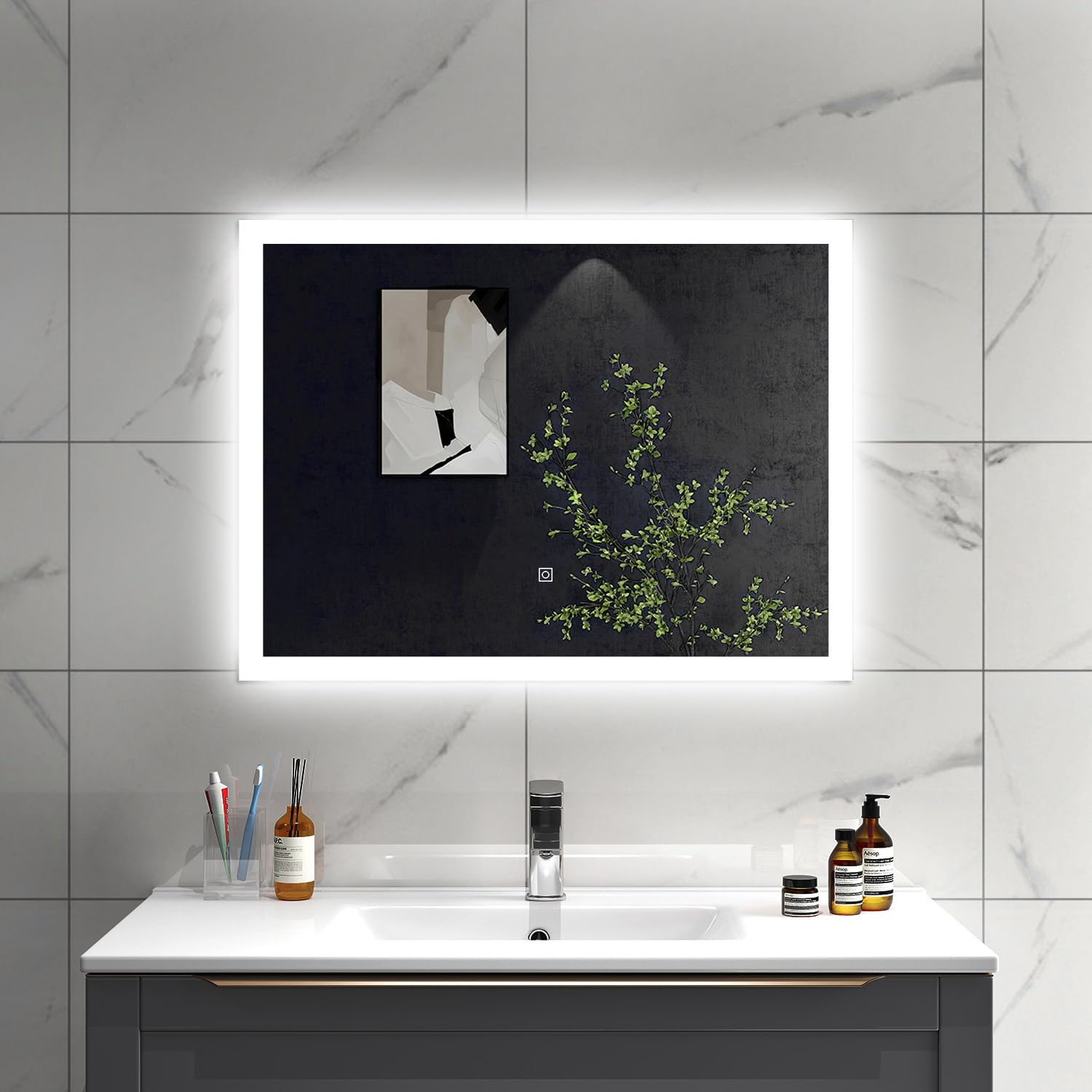 SLINE SANITARY Bathroom Mirror with LED Lights 60x50cm,Edge Frosted Design,With Demister Pad,Dimmable white Light,Touch Control & Memory Function,IP44 Rated,Power Supply Operated
