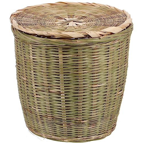 Operitacx Cesto De Basura Redondo De Ratán Con Tapa Cesto De Basura Tejido Cesto De Basura De Mimbre Cesto De Basura Cesto De Almacenamiento Natural Macetas De Mimbre Cesto De Lavandería