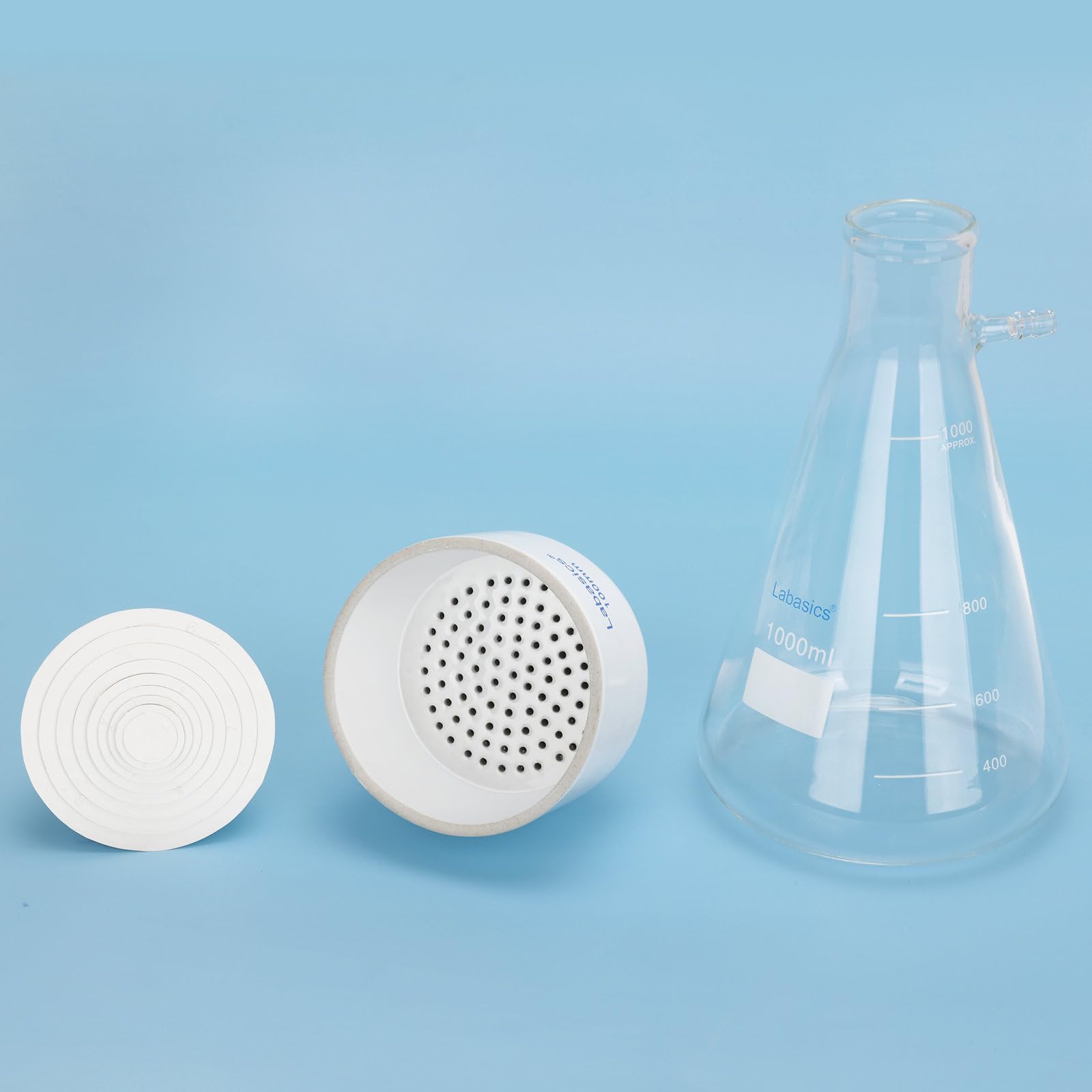 Labasics Entonnoir Büchner en Porcelaine, Entonnoir Buchner de 100 mm de Diamètre Extérieur et Fiole 1 L en Borosilicate avec Adaptateur Caoutchouc pour Laboratoire