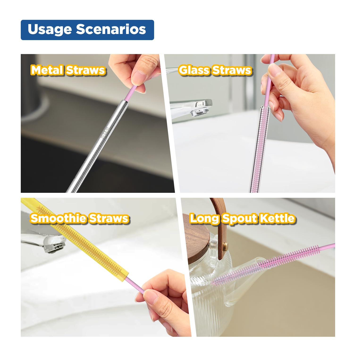 YOTIME Silicone Straw Cleaner Brush, 2Pcs Reusable Straw Brush Extra Long for Cleaning Glass Metal Smoothie Straws and Straw Cups, Non-slip Handle Soft and Bendable, 6mm+9mm, Pink