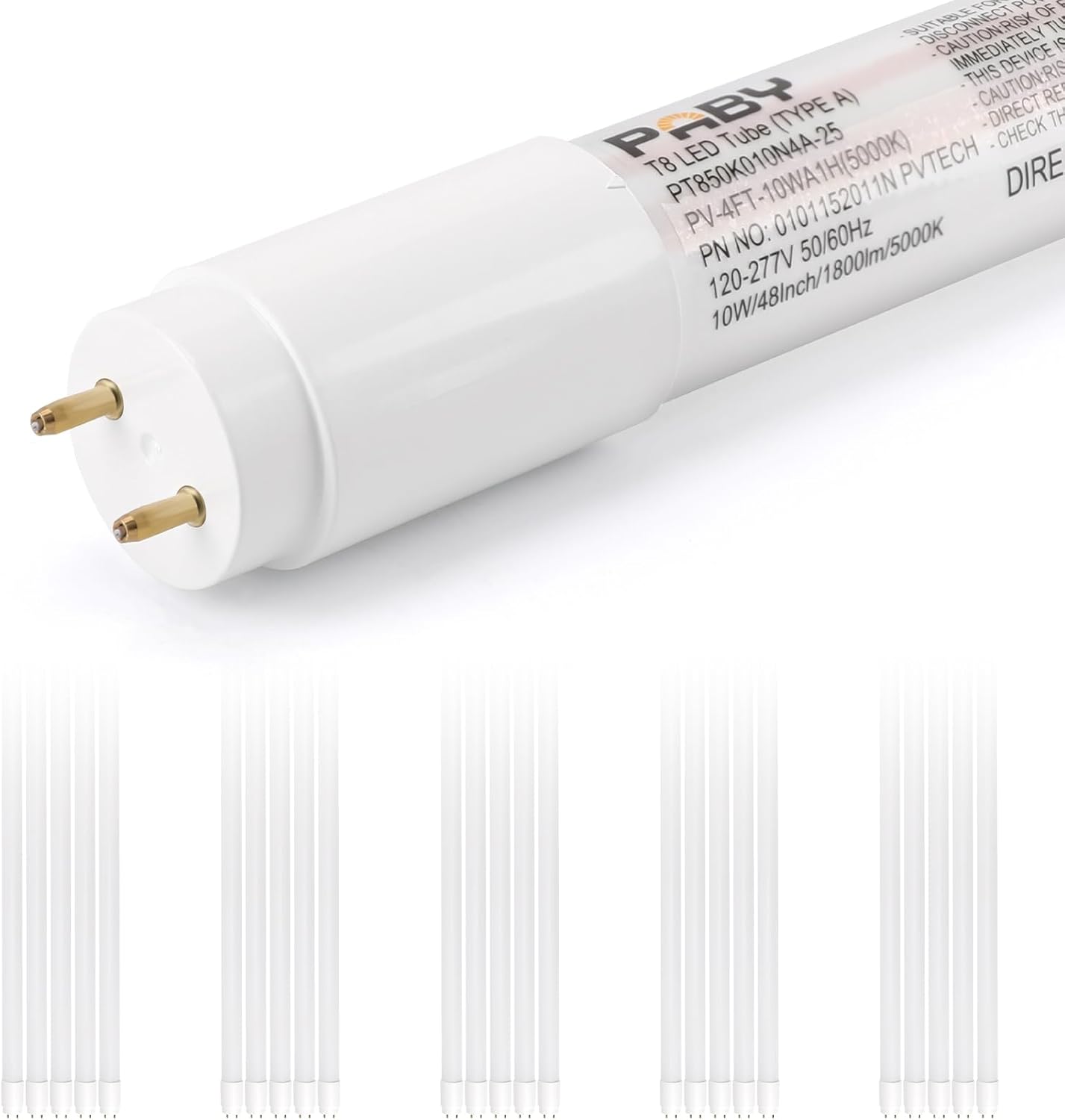 Paby 25-Pack T8 LED 4FT Type A Tube, 10W(32W Equivalent), 1800LM, Plug & Play with Base on Ballast, T8 or T12 Linear Fluorescent Replacement, Glass+PET Coated Shatterproof Housing, 5000K Daylight