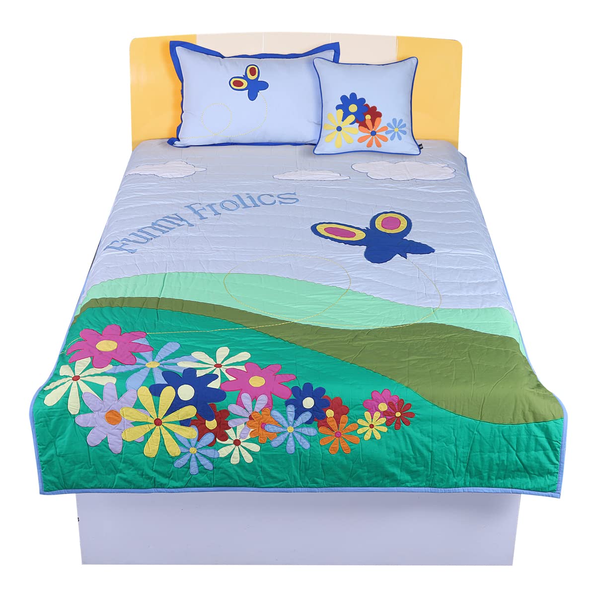 Hugs N Rugs All-Season Embriodery & Patch Work Cotton Bedsheet and Comforter Set |Comforter with 1 Flat Bedsheet, 1 Pillow Cover & 1 Cushion Cover | 4 Pcs Bedding Set | Multicolor 1