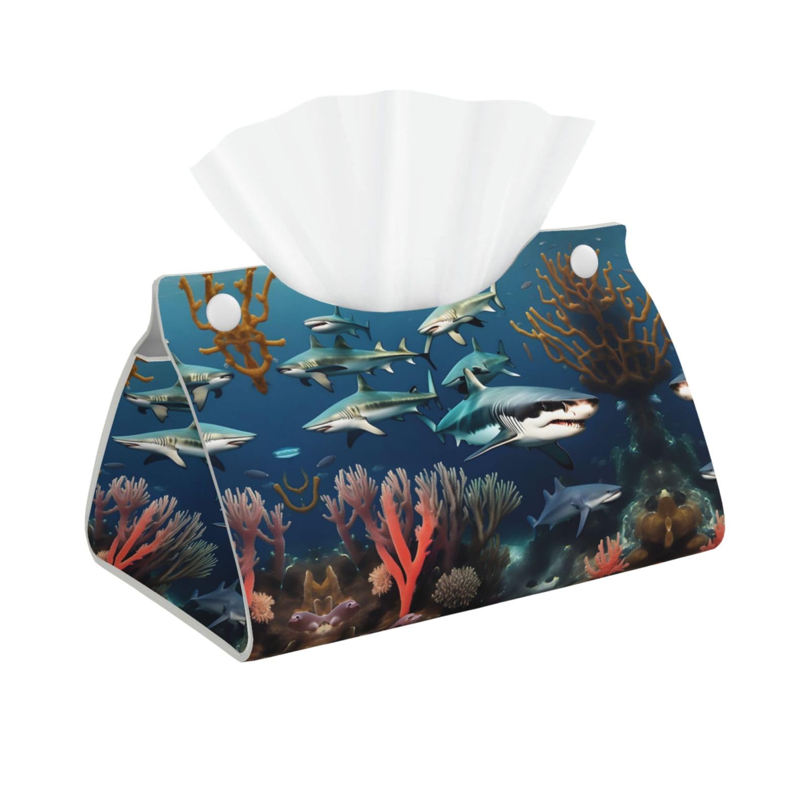 Sharks Under the sea Print Long Tissue Box Cover Holder Foldable Leather Organizer for Vanity, Nightstand, Desk & Bathroom