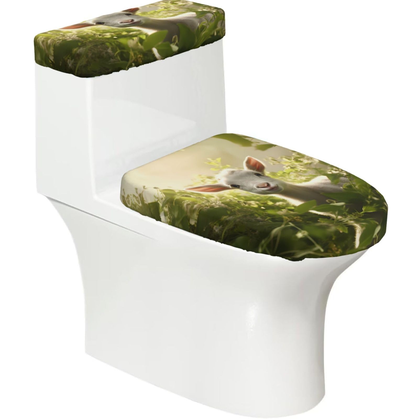 Goat Nature Babies 2-Piece Toilet Seat Cover Set with Tank Lid - Elastic for U-Shape & Elongated - Bathroom Decor