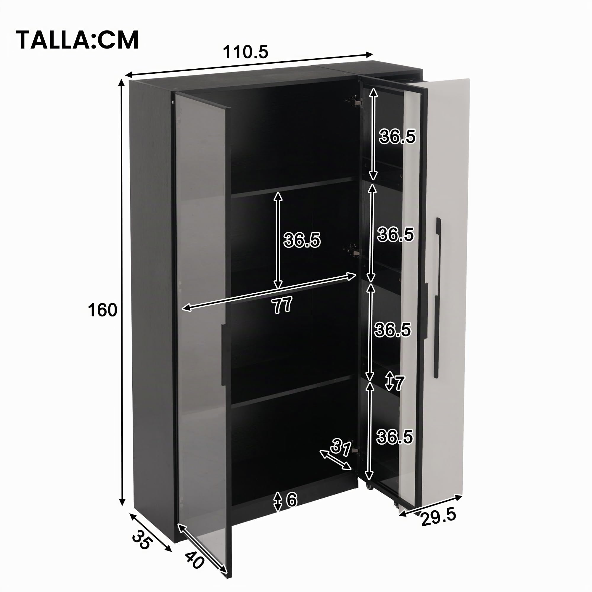 Armario multifunción 110,5 × 35 × 160 cm – Vitrina con Puerta de Cristal y LED, Puerta Lateral, Armario con Ruedas, Color Blanco y Negro, Armario Alto, estantería, baño, Comedor