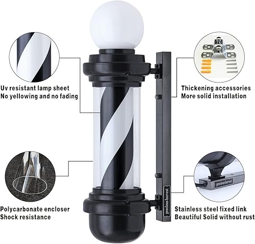 Miniatura 3 de Poste de luz de peluquería de 26.8 pulgadas, letreros clásicos para peluquería, luz giratoria de barbería en blanco y negro, fuente de luz LED, bola