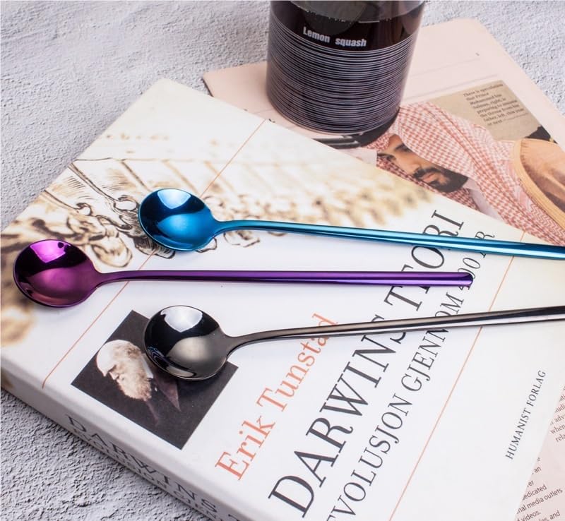 ONUIFIKE Silverware Set, 304 Stainless Steel Long Handled Coffee Spoon Stirring Spoon Round Ice Spoon Colorful Ice Cream Spoon, Home Cutlery Flatware Set(Silver)