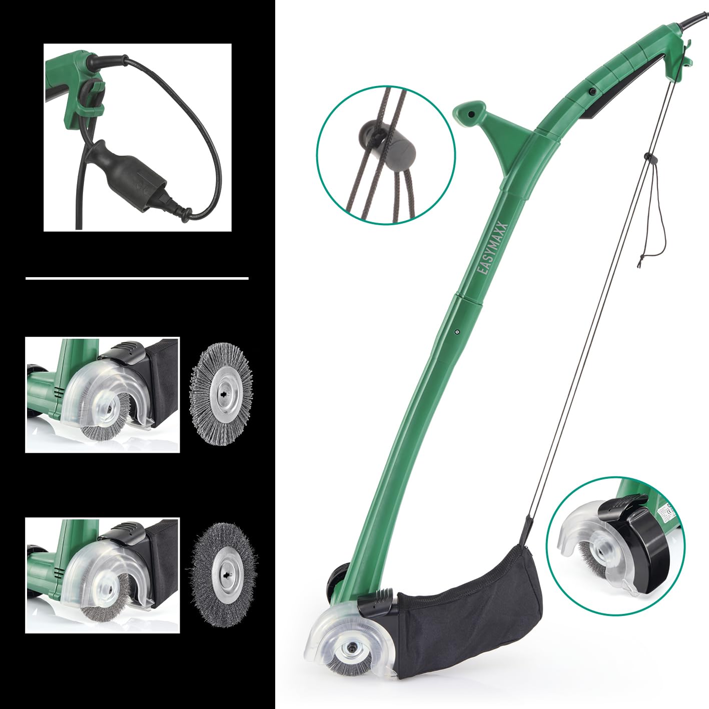 EASYmaxx Cepillo de limpieza eléctrico, cepillo de limpieza con 2 cabezales de cepillo incluidos, cepillo para juntas y dispositivo de limpieza, incluye red colectora de 1,3 litros, rueda guía