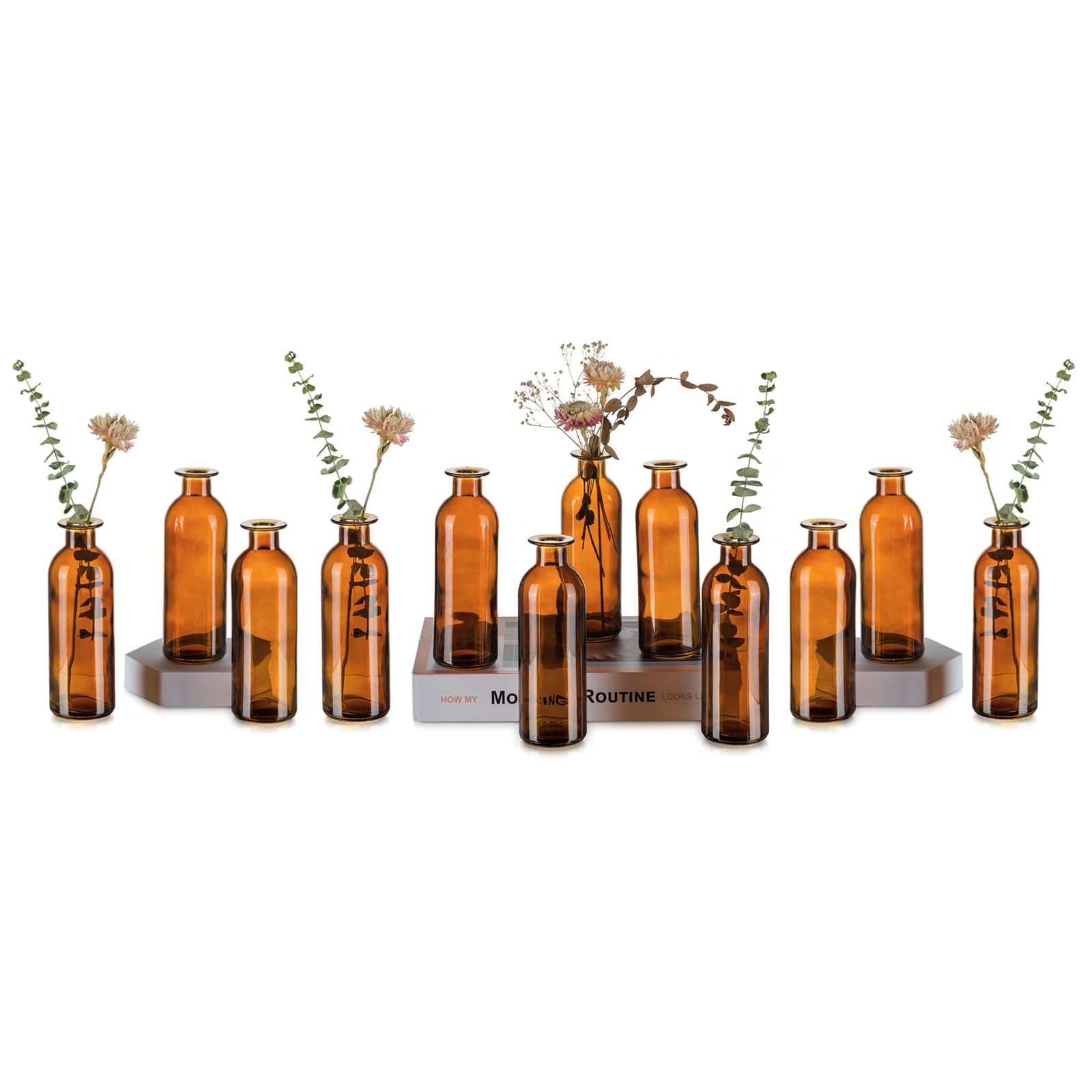 Amber Glass Bud Vases for Flowers - Hewory 12pcs Brown Vintage Small Glass Vase for Centerpieces, Tall Decorative Apothecary Bottles Bulk Boho Table Decor for Wedding Party Events Floral Arrangements