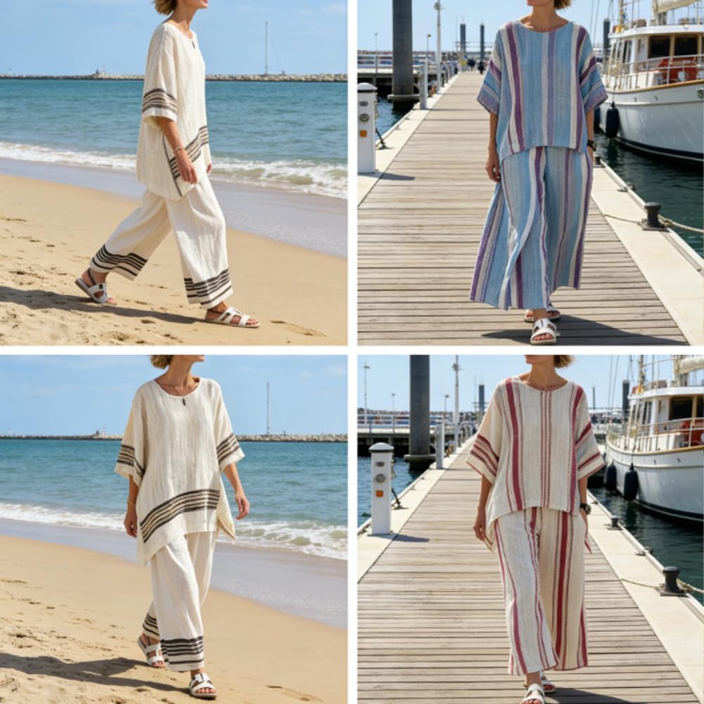Womens Linen Sets 2 Piece Outfit for Women Summer Short Sleeve Top and Wide Leg Pants Lounge Matching Set with Pockets