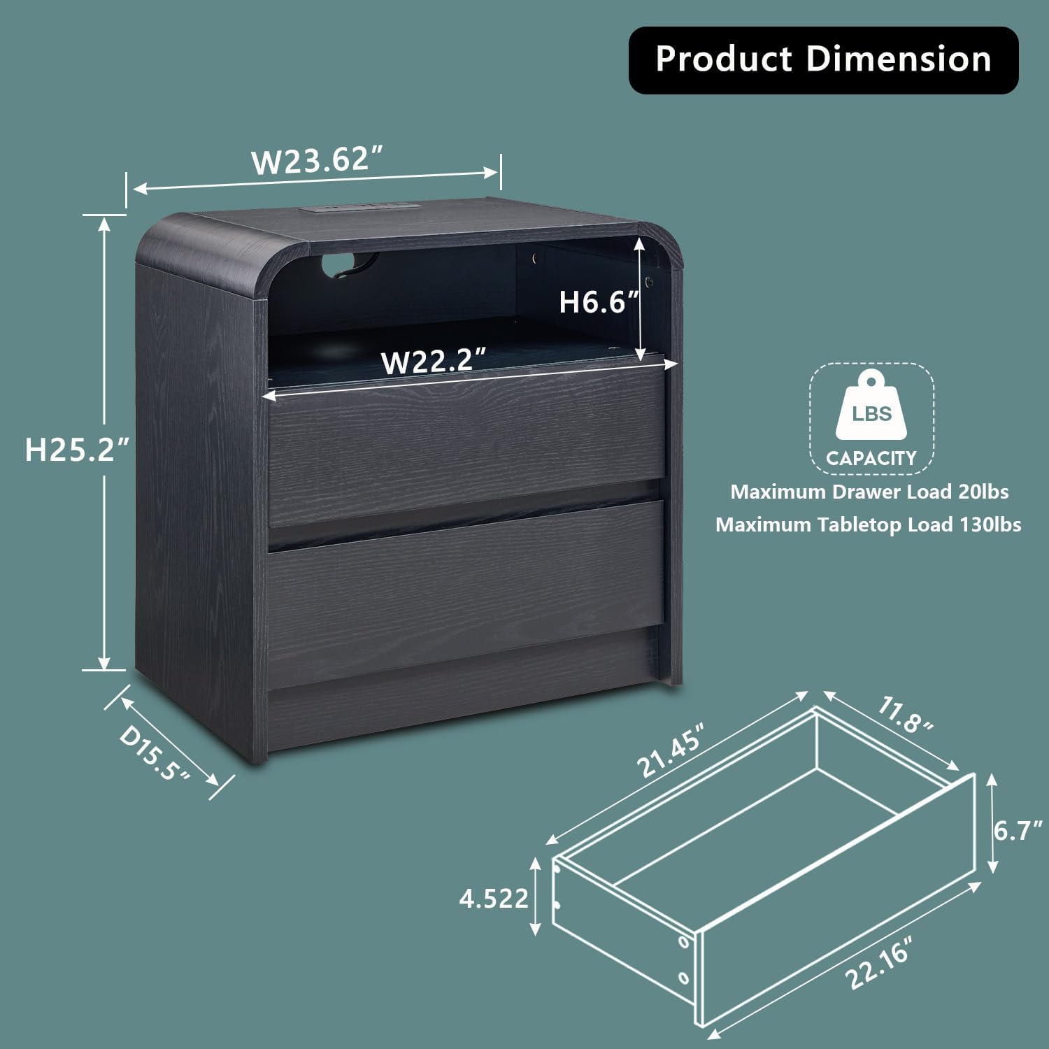 Modern 25" Nightstand with Charging Station, Black