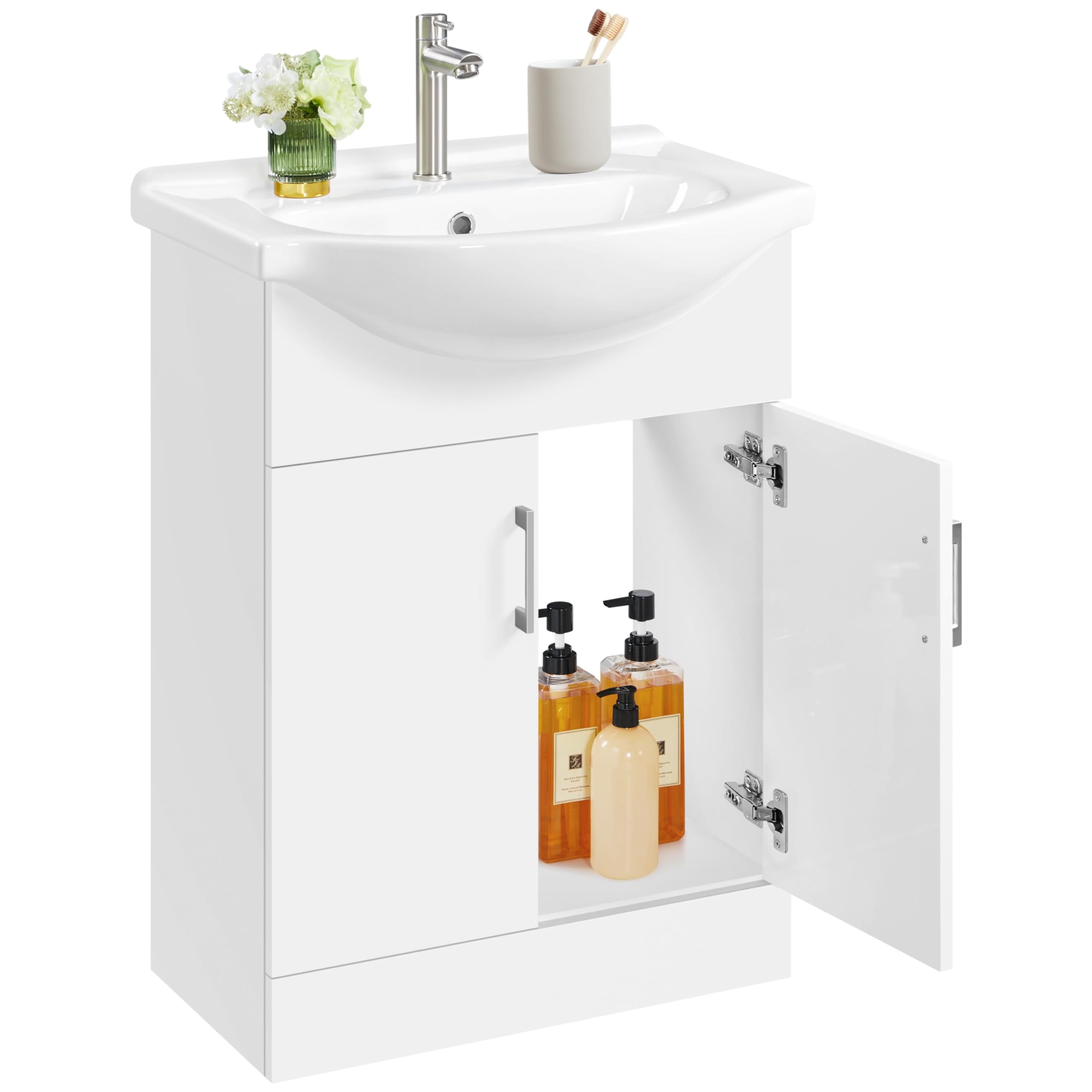 Yaheetech Waschbeckenunterschrank Badezimmerschrank Unterschrank mit Waschbecken Badmöbel 2er Set Badschrank Standschrank mit 2 Türen Waschtischunterbau Keramikbecken Hochglanz, 61 x 43,5 x 84 cm