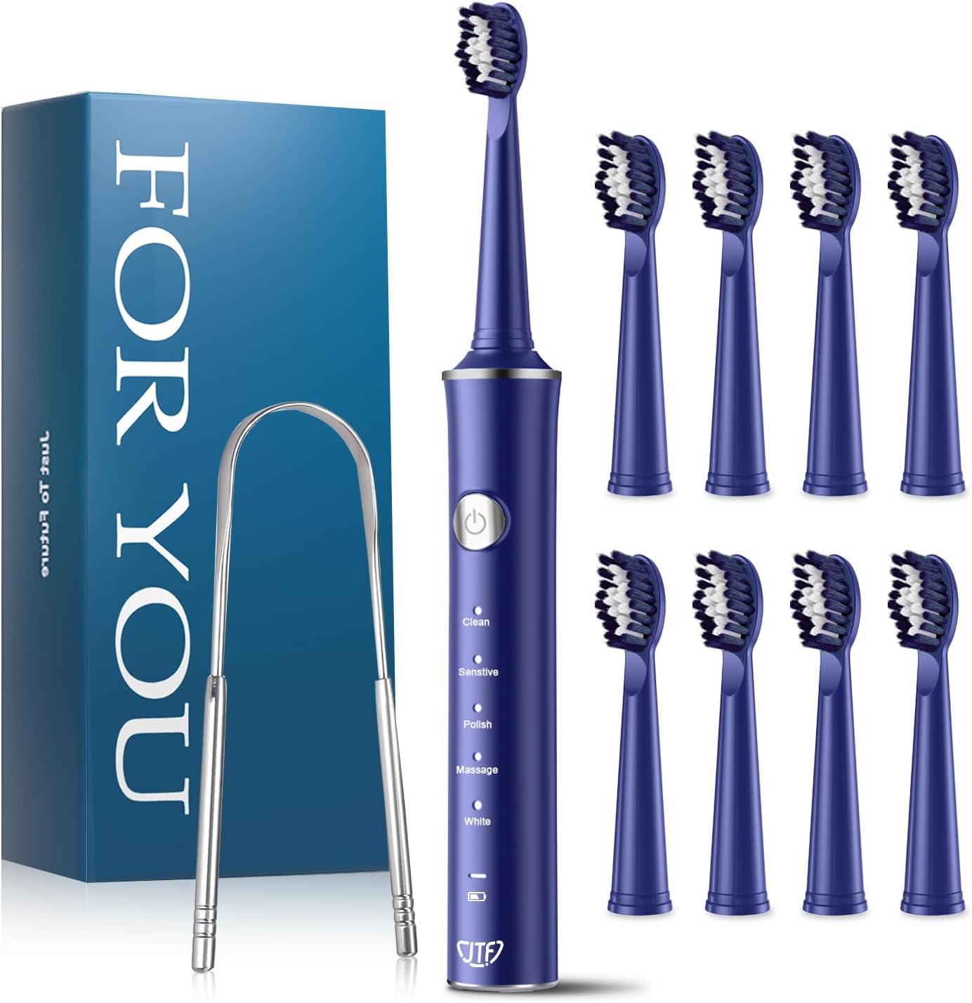 JTF Elektrische Schallzahnbürste für Erwachsene – 5 Modi, 45 Tage Akkulaufzeit, 8 Bürstenköpfe, IPX7 Wasserdicht, Smart Timer, Reisefreundlich – Premium Sonic Zahnbürste Set für Familie (Blau)