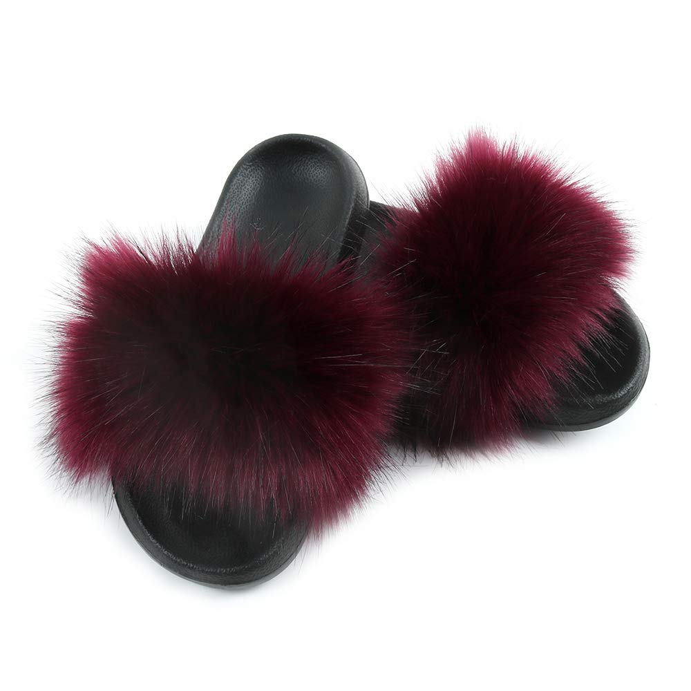 Hiser Women's Red Wine Fluffy Faux Fur Slipper Sliders, Furry Open Toe House Slippers Cozy Comfy Non Slip Sliders For Walking Indoor Outdoor (,Uk6.5-7/270)