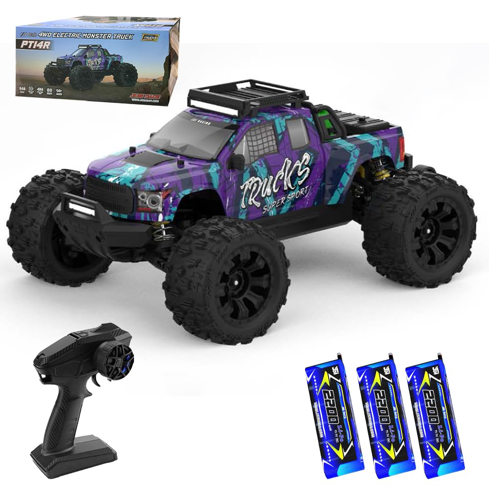 X-Verse PT14R 1:14 100KM/H Auto telecomandata, 4WD RC impermeabile con motore Brushless 3S, 2.4GHz fuoristrada RC Truck Truggy per adulti - 3 batterie, viola