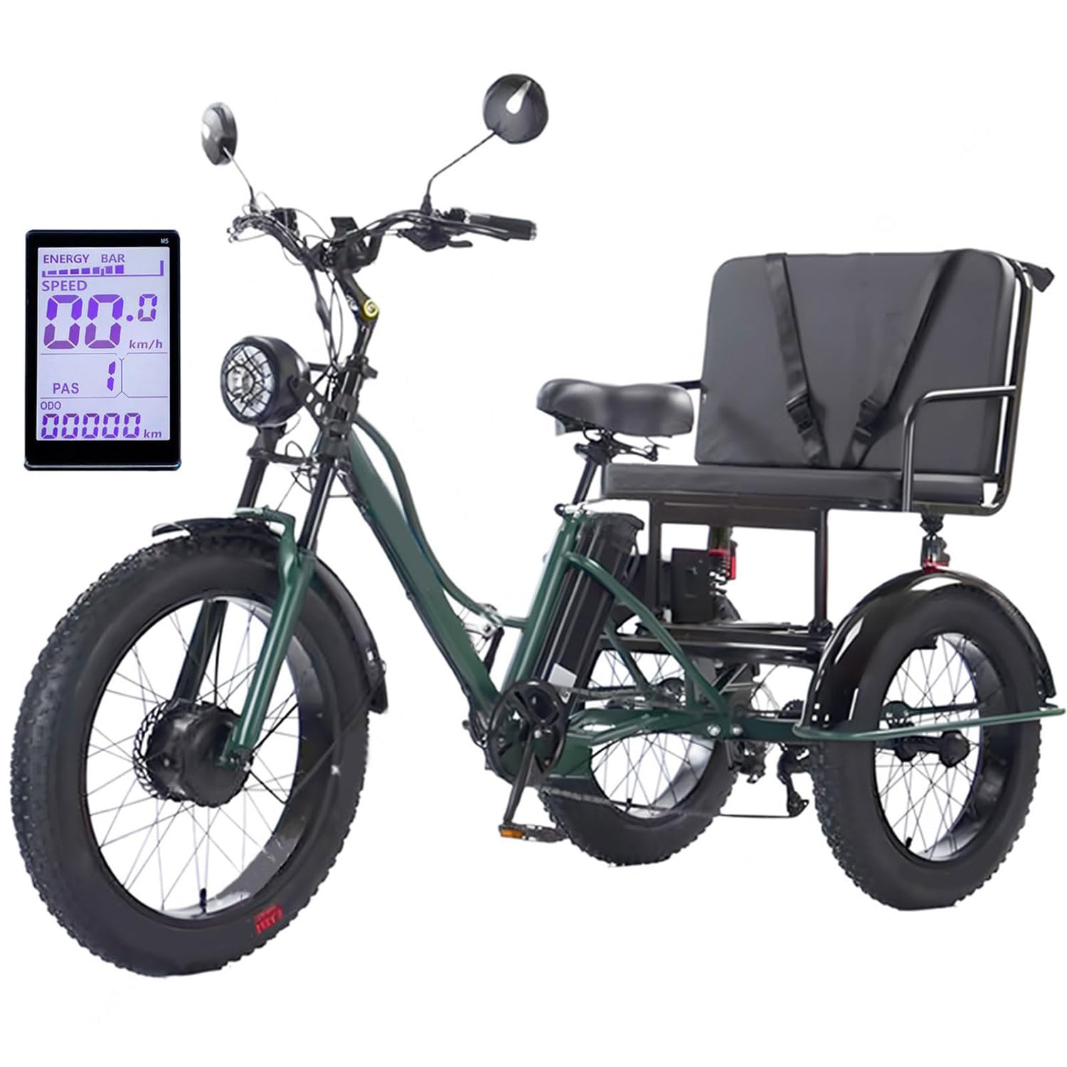 Triciclo elettrico per adulti, con sedile passeggero, design con gomme grosse per città e montagna, batteria rimovibile e display LCD
