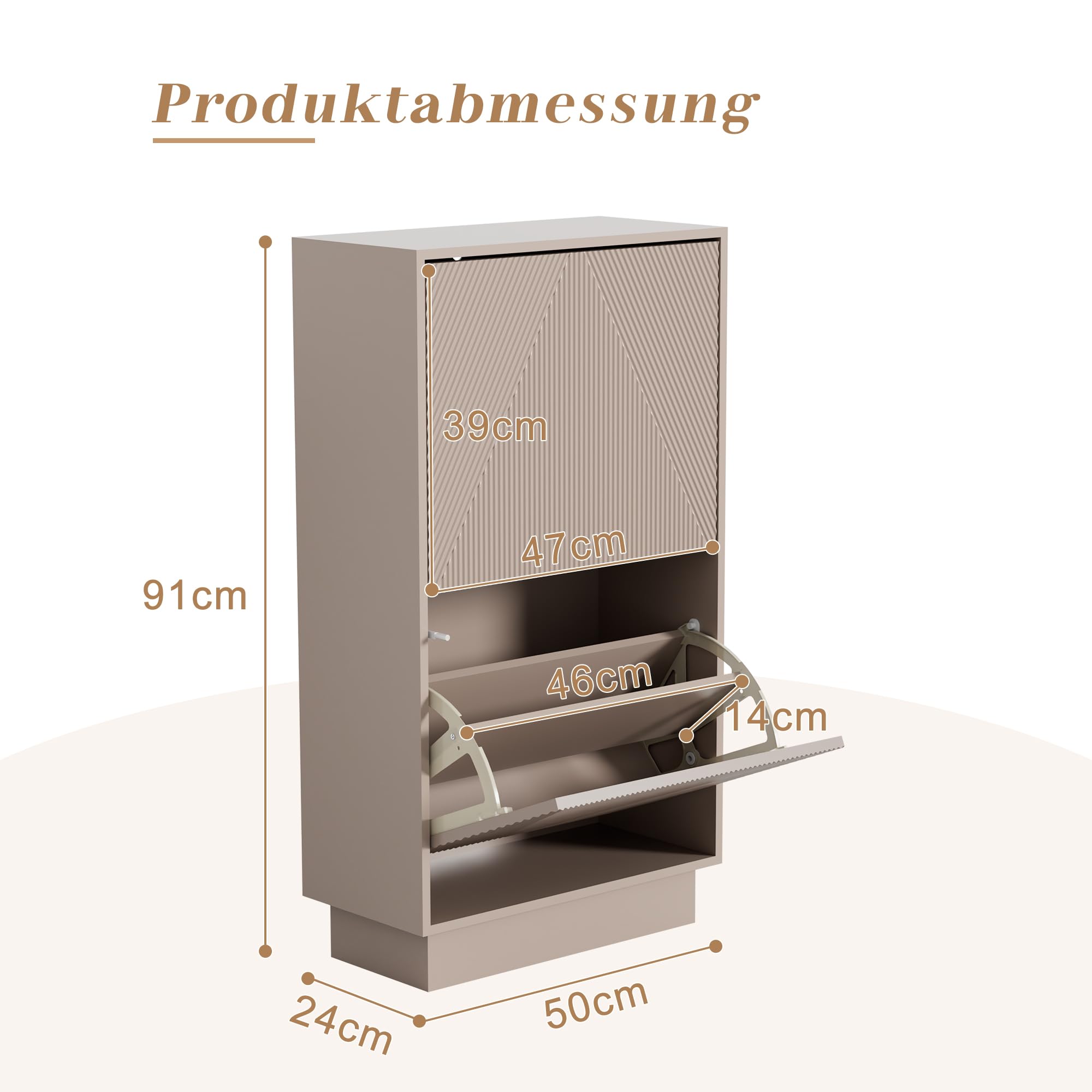UEV Schuhschrank mit 2 Klappen, Schuhkipper schmal für Flur, Schuhkommode Schuhregal mit Verstellbaren Trennwände & Kippschutz & Drucktüröffner Push to Open, 50x24x91cm (Moka)