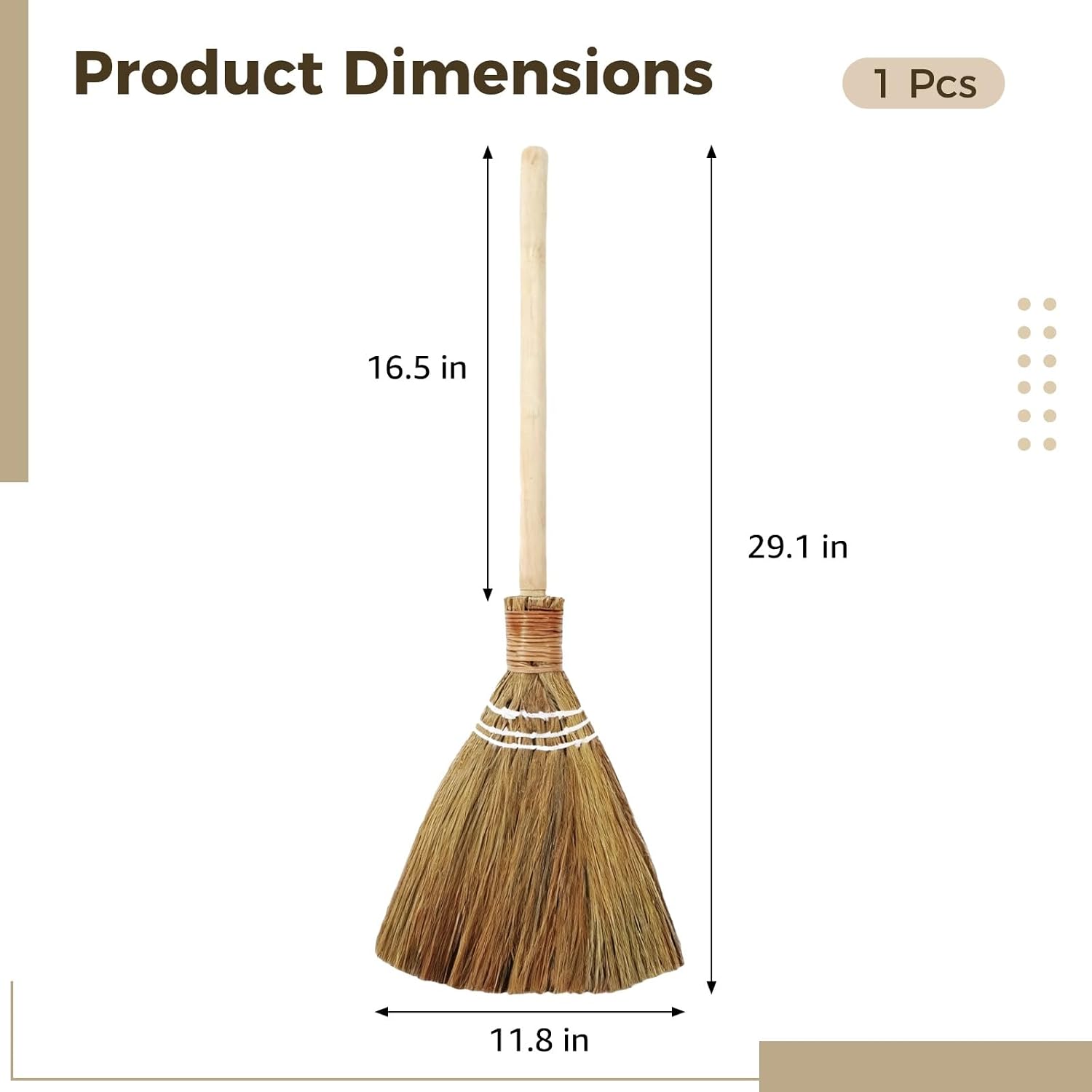 Miscanthus Straw Broom, Detachable Natural Whisk Broom, Soft Broom with Wood Handle, 29 in / 79 cm, Wide Head Cleaning Besom for Indoor Outdoor Home Use