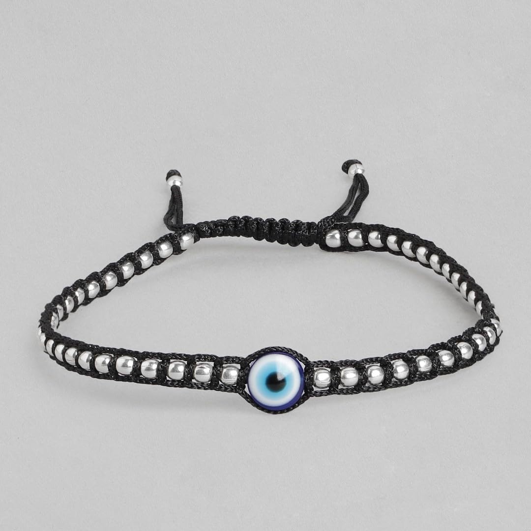 Women's 925 Sterling Silver Beads Evil Eye Rhodium Plated Thread Anklet, Single