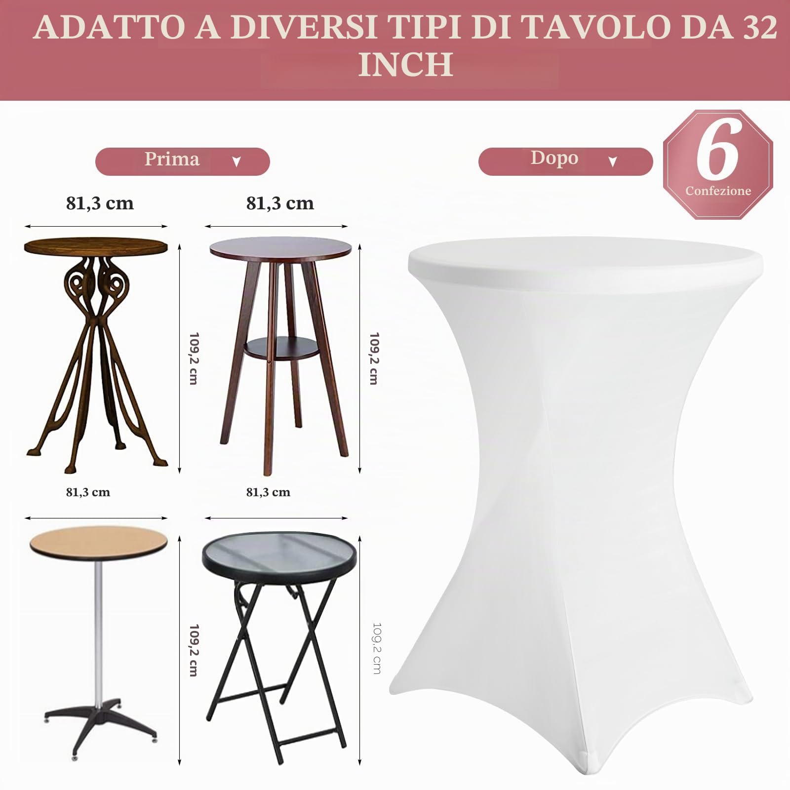 Set 6 Pezzi di Tovaglia Elastica in Spandex ad Angolo Quadrato per Cocktail Party, Adatto per Eventi di Nozze Ricevimenti bar, Tovaglia Circolare da Cocktail Alta (Bianco 80x110 cm)