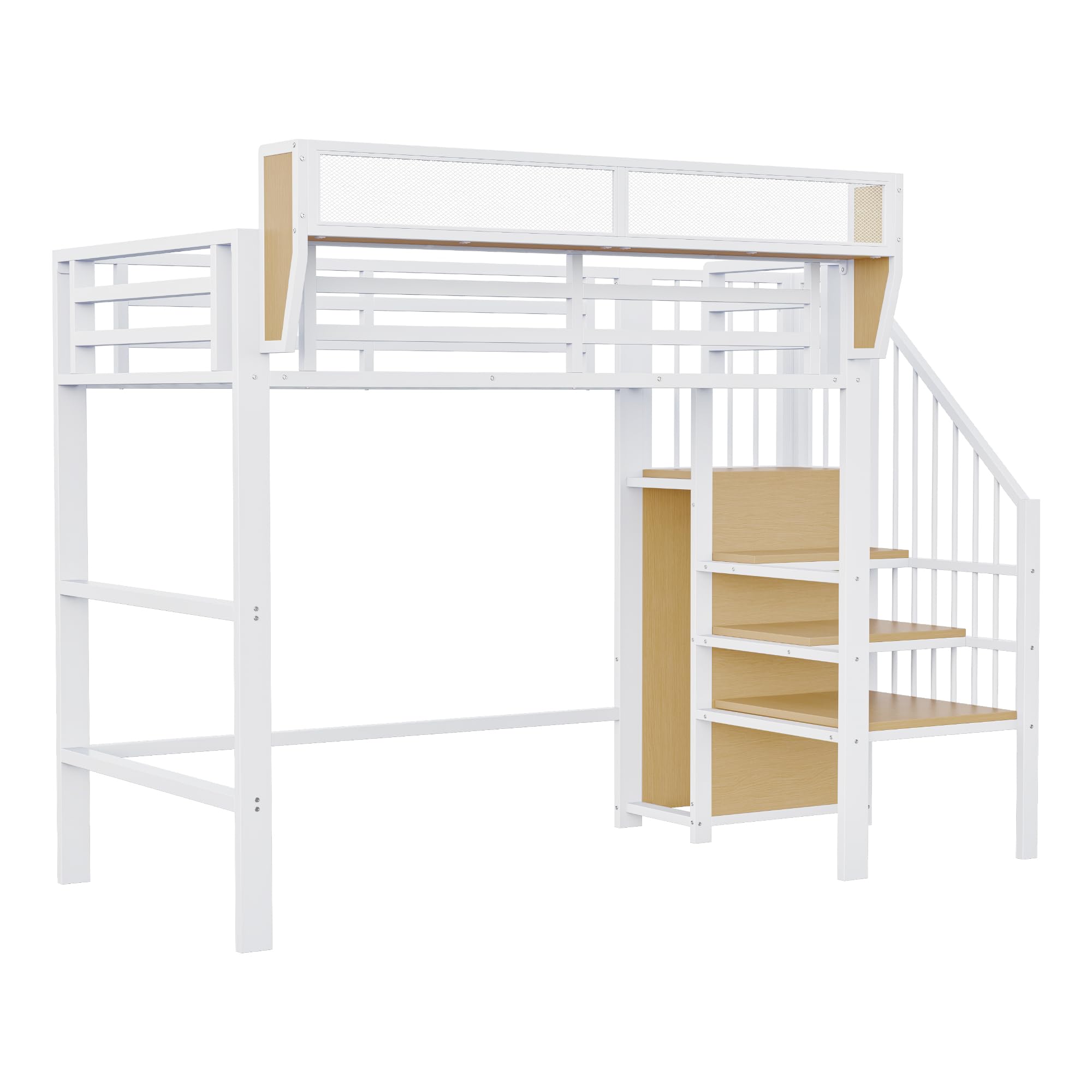 Moimhear Cama alta con escalera de seguridad y compartimento de almacenamiento flexible, cama de metal para adultos, cama para niños, litera (blanco, 90 x 200 cm)
