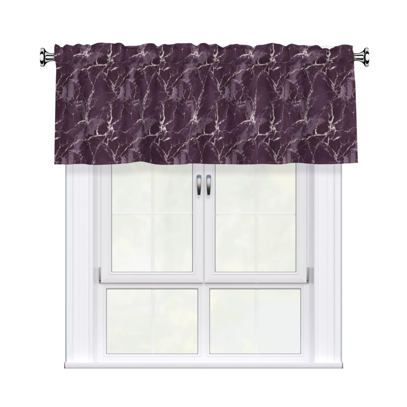 Woshuwo Dark Purple Marble Valances For Windows Rod Pocket Window Treatment Short Curtains For Kitchen Living Room Bedroom Decor 54x18in