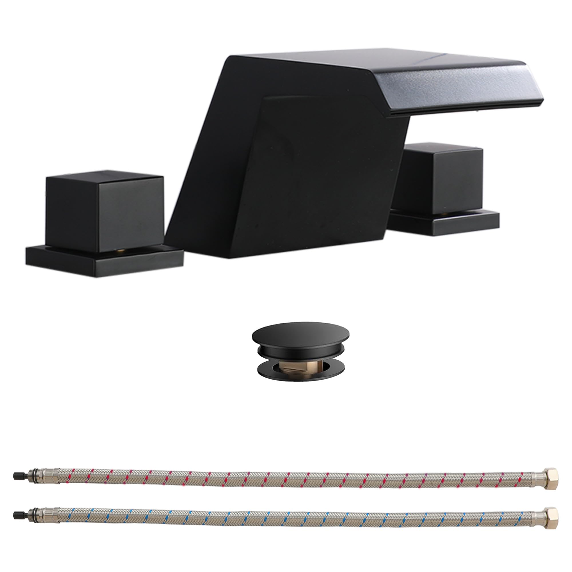 MONDAWE Widespread Bathroom Faucets in Black, 8-16 Inch 3 Hole Bathroom Sink Faucet with Double Handle, Waterfall Spout Faucet for Vanity Sink, Pop-up Drain Included