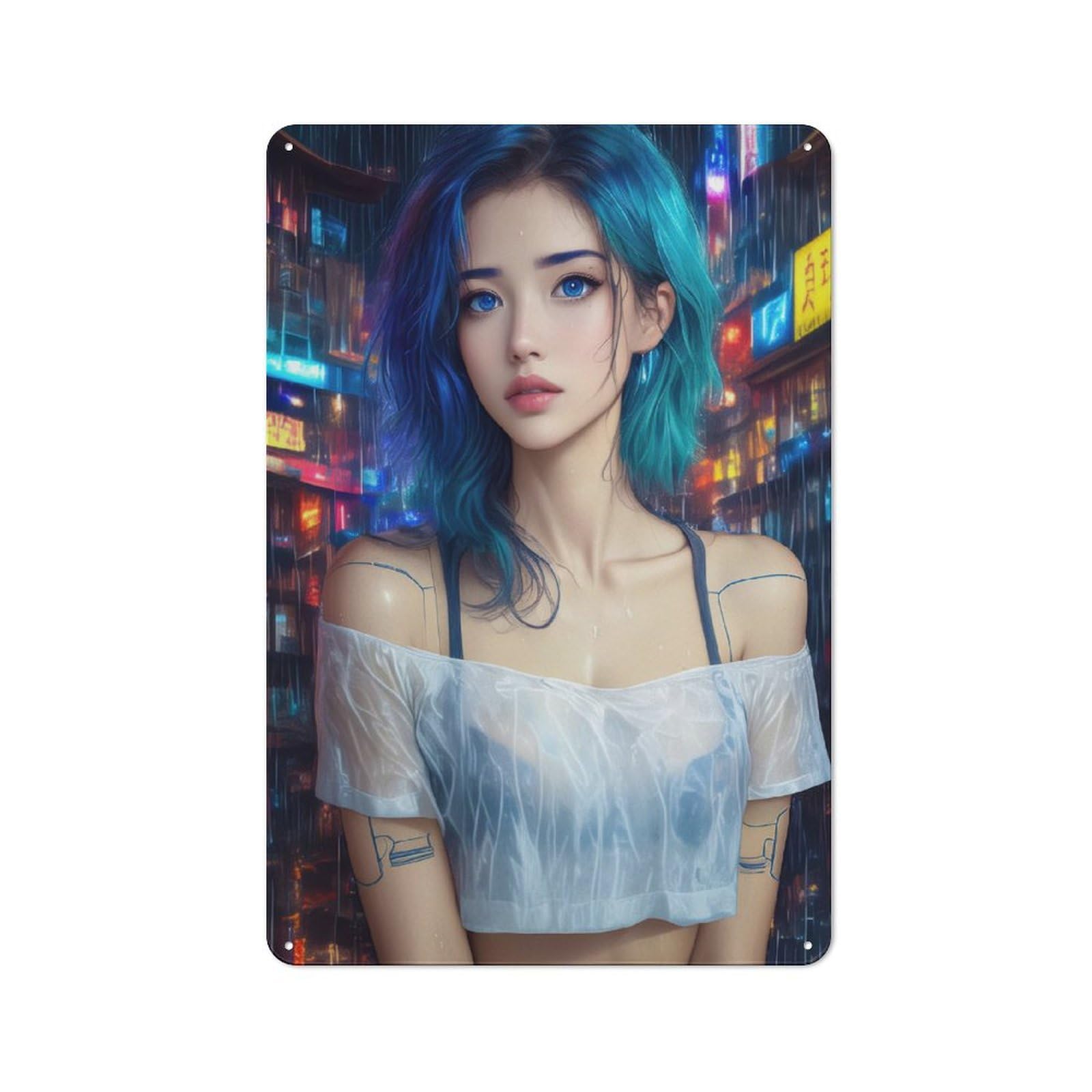 Junmoney Girls Style-11 Retro Anime In Neon City Rain Metal Gift Sign 30X20cm, Home Wall Decor For Flat, Dorm Room, Lounge Or Cafe