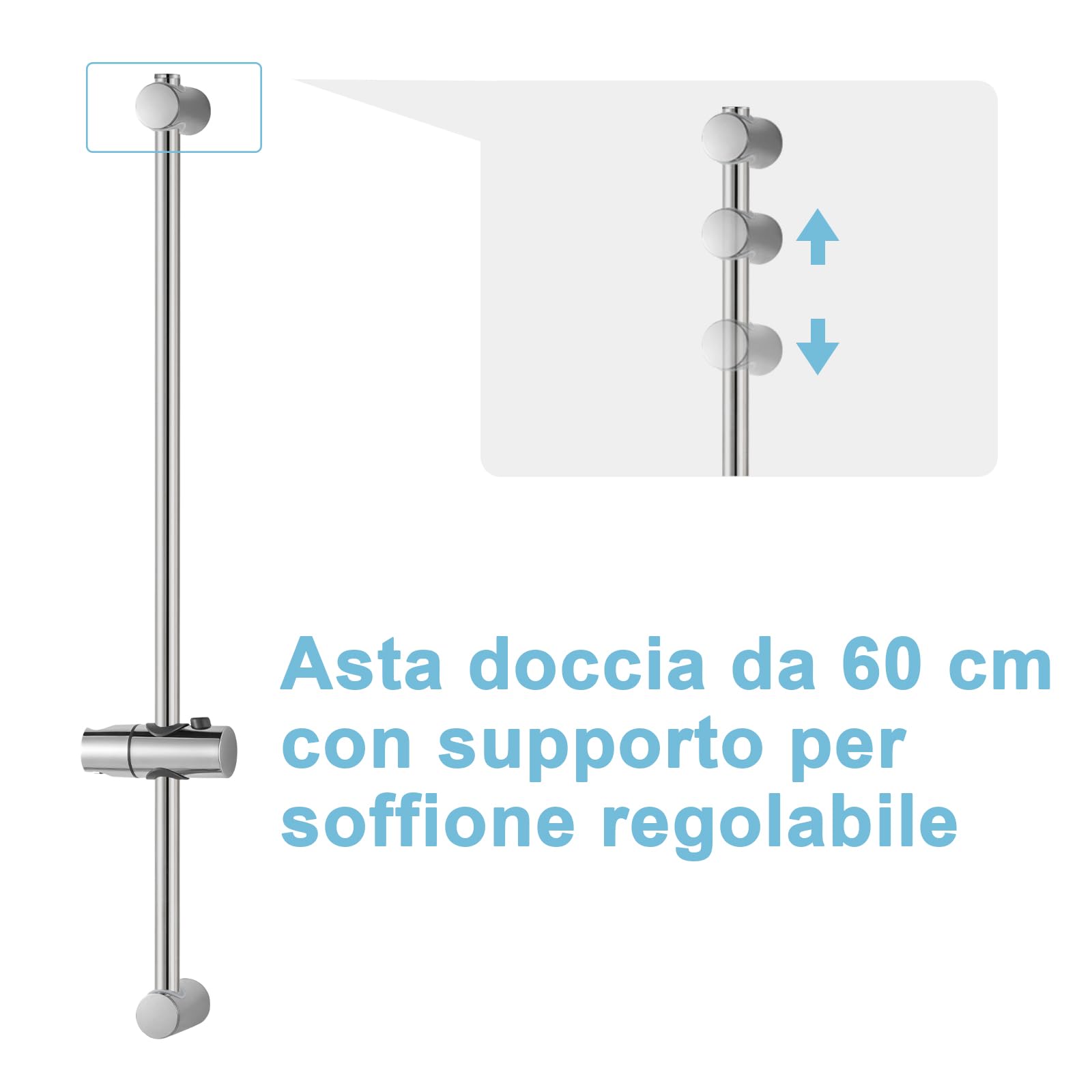 OFFO Saliscendi Doccia 60 cm,Asta Doccia a Parete,Distanza Regolabile da 26 a 59 cm,con Sali Scendi per Doccia,Asta Doccia Saliscendi di Ricambio,Cromo