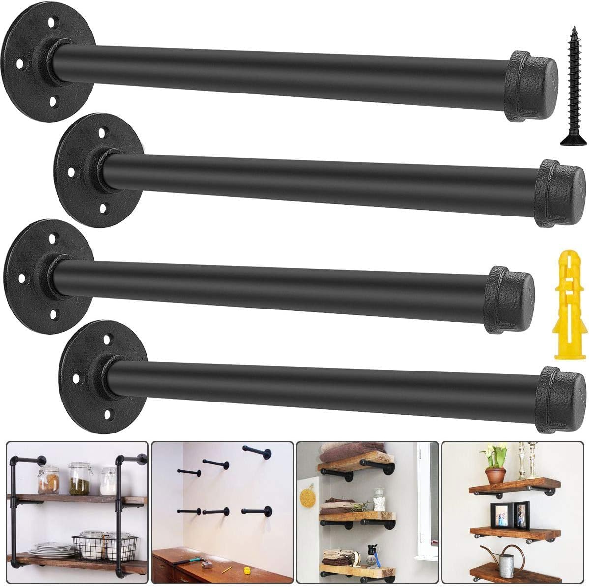 Industrial Pipe Shelf Brackets 12 inch Black Iron Rustic Brackets for Shelves, Vintage Furniture Decor, Wall Mounted DIY Shelving Brackets, Garment Rack Hardware, Clothing Rack Set of 4