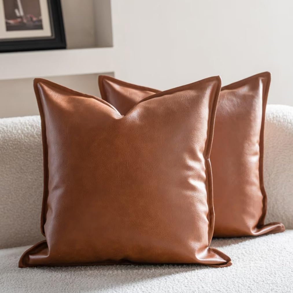 Neelvin Set of 2 Faux Leather Decorative Throw Pillow Covers Luxury Throw Pillow Cushion Covers 40cm x 40cm Modern Solid Couch Cases for Bed Sofa Couch Brown 16x16 inch