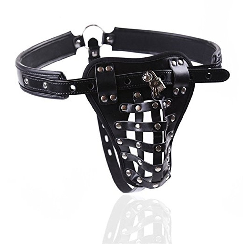 PU Leather Studs Buckle G-String,Men's Leather Pants Male Pants with Lock Cage
