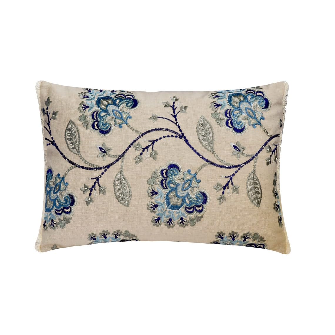 The HomeCentric Decorative Blue Pack of 2, 30x50 cm (12"x20") Lumbar Cushion Covers, Linen Embroidery & Pearls Lumbar Cushion Covers, Floral Pattern Contemporary Style - Floryn