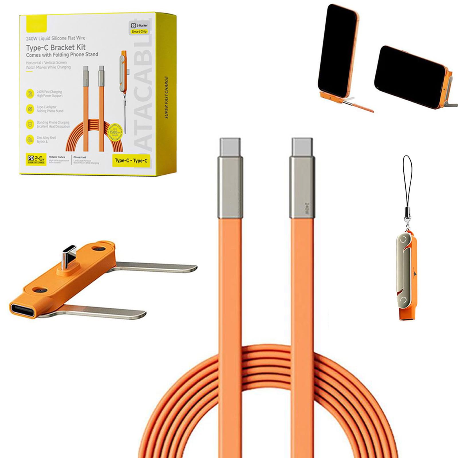 USB C to USB C Cable, 240W Stand Data Cable, 2-in-1 Invisible Holder Charger Cables with Foldable Stand, Right Angle Multi-Functional Charging Cord for Smartphones Tablets