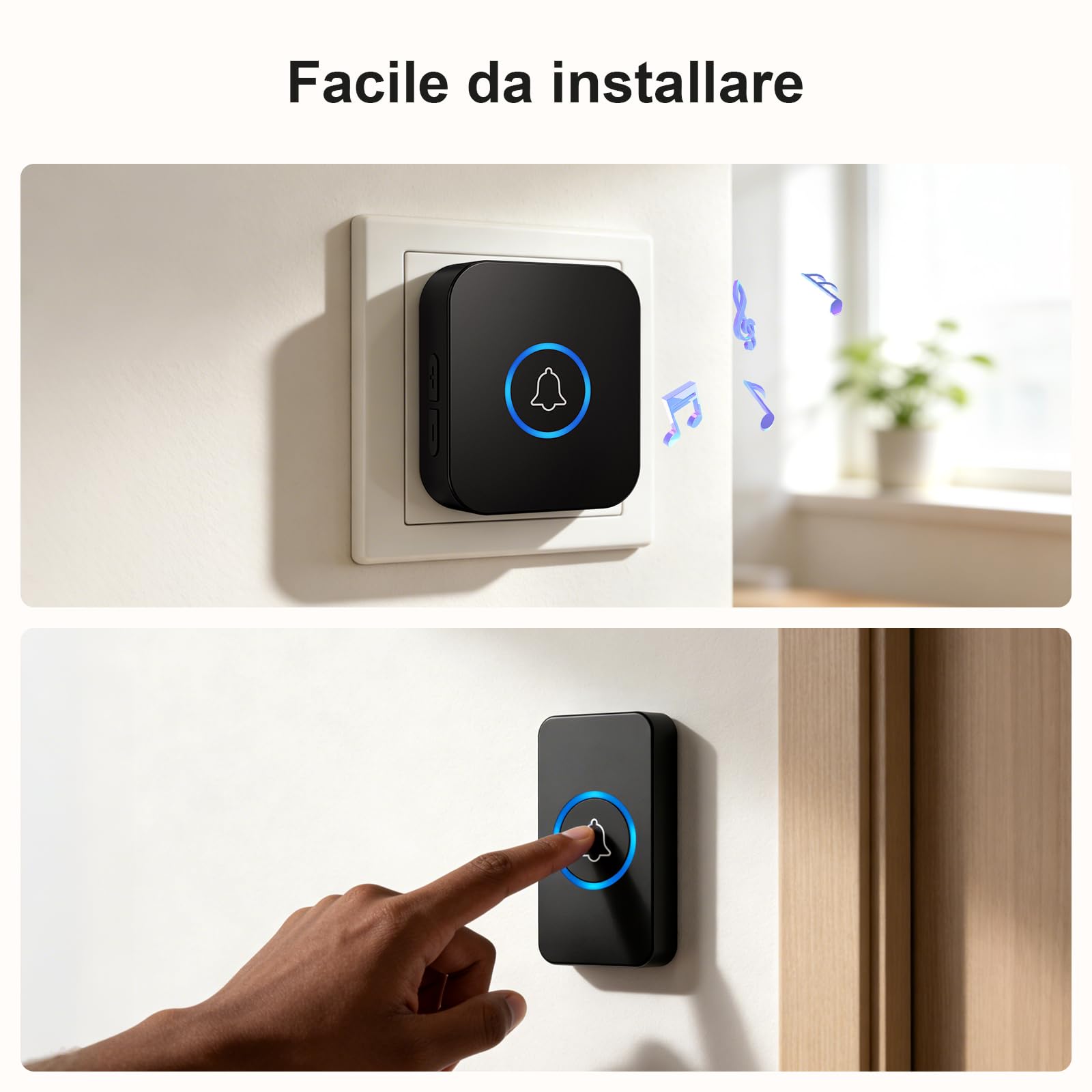 Campanello Senza Fili, Portata Wireless Doorbell, 36 Suonerie, 5 Volumi Selezionabili, Indicatori LED, IP55, 400m Lunga Portata per Casa, Appartamento (1 Trasmettitore + 1 Ricevitori)