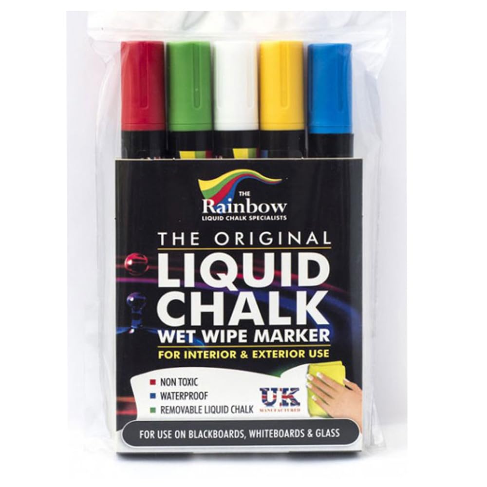 Rainbow Chalk Markers Wet Wipe Erasible Liquid Chalk Marker Pens Assorted 5 Pack - 5mm Bullet Nib
