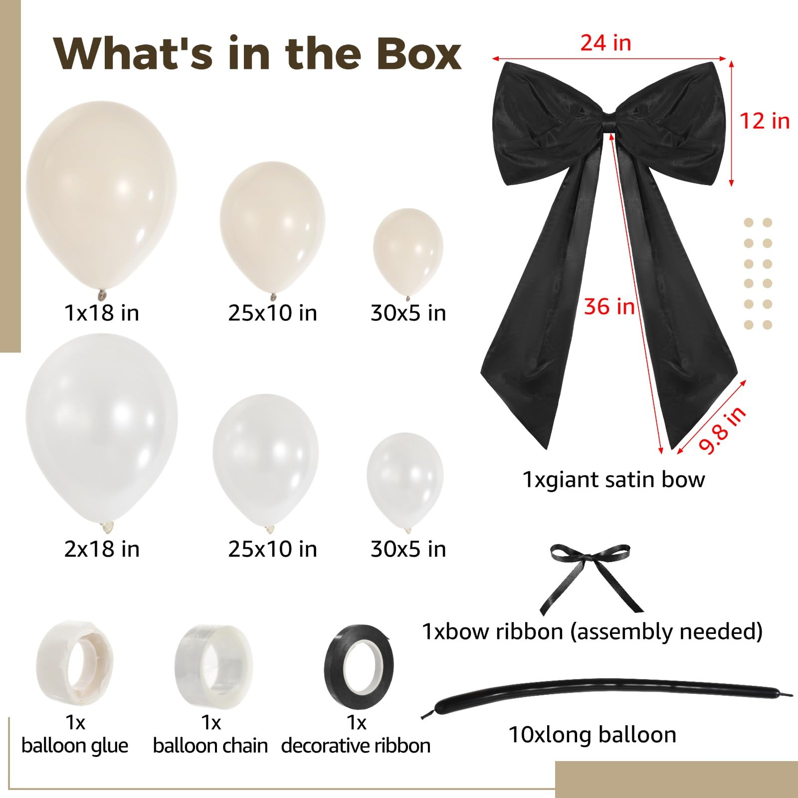 Zestaw łuku balonowego z czarną kokardą z perłowymi białymi balonami, ogromna satynowa kokarda, bardzo duża wstążka, zestaw girlandy DIY na urodziny, ślub, wieczór panieński, zaręczyny, ukończenie