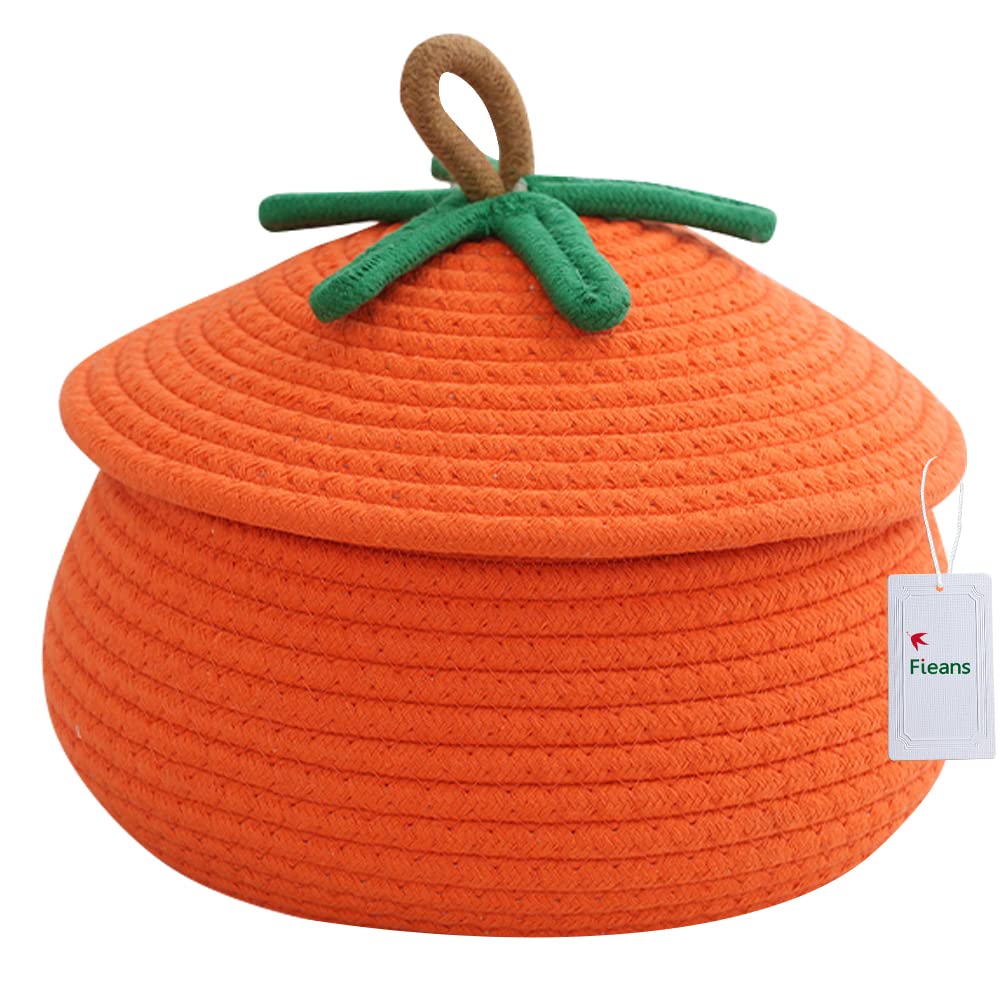 Fieans Small Minimalist Cotton Rope Woven Storage Basket with Lid, Cute Decorative Shelf Basket for Keys, Baby Toys, Gift Basket, Orange, 9 x 6 inches (23 15 cm)
