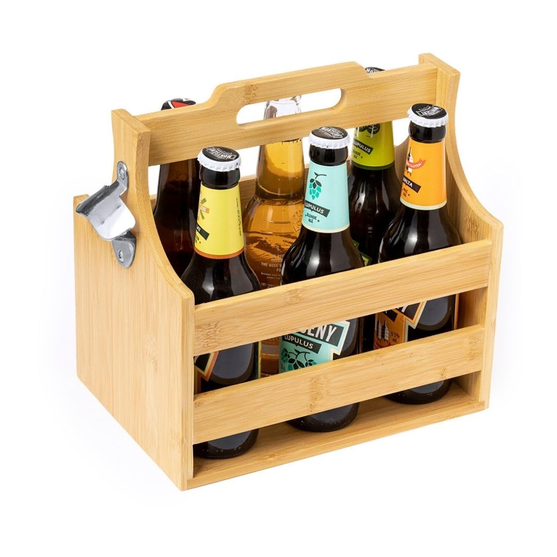 Genérico Pack 8 Portabotellas de Bambú para 6 Botellines con Abridor | Soporte para Cervezas y Bebidas | Ideal Hostelería, Bares y Restaurantes | Caja Transporte con Asa