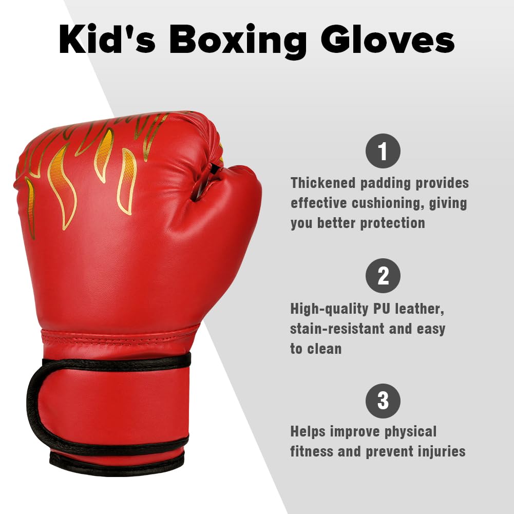 Guantoni Da Boxe Per Bambini 3-12 Anni | PU Imbottito Con Chiusura A Strappo | Rosso Per Allenamento E Sparring - 4