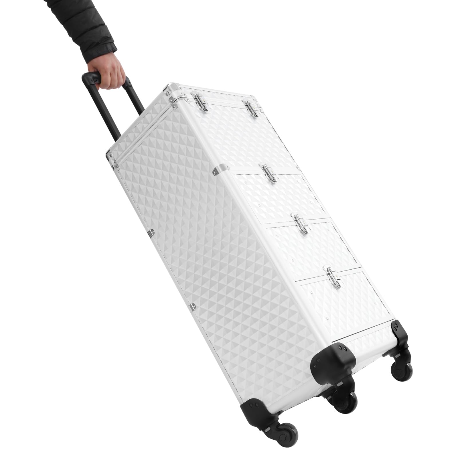Walizka na kosmetyki na kółkach, profesjonalny organizer do makijażu z 3 szufladami, zamykany wózek do salonu z szufladami, obracane o 360°, 34 × 27 × 107 cm