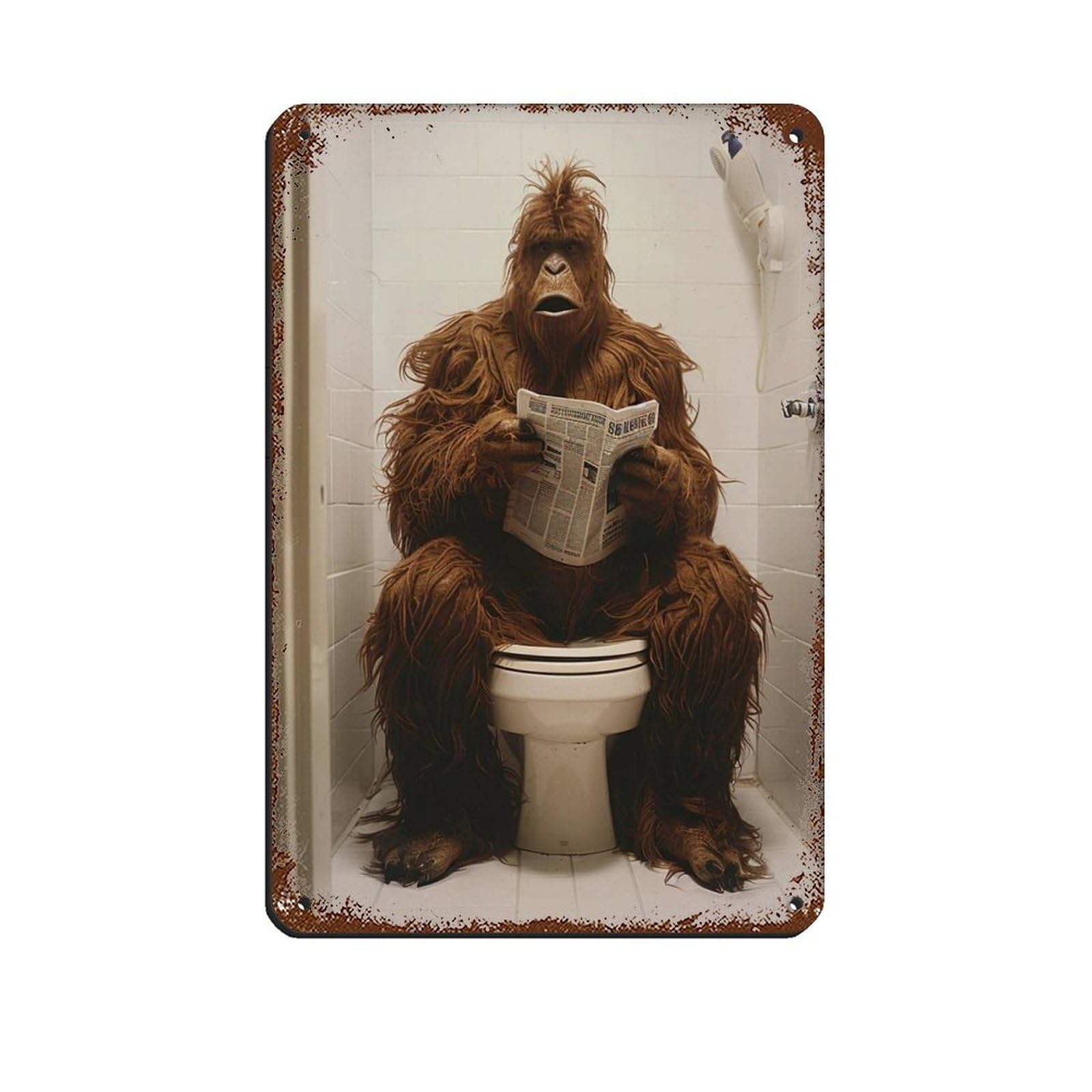 Lxwnze 20L X 30W Cm Sasquatch Sitting On The Toilet Reading A Newspaper (8) Tin Sign Vintage Metal Pub Club Cafe Bar Home Wall Art Decoration Poster Retro 8X12inch(20X30cm)