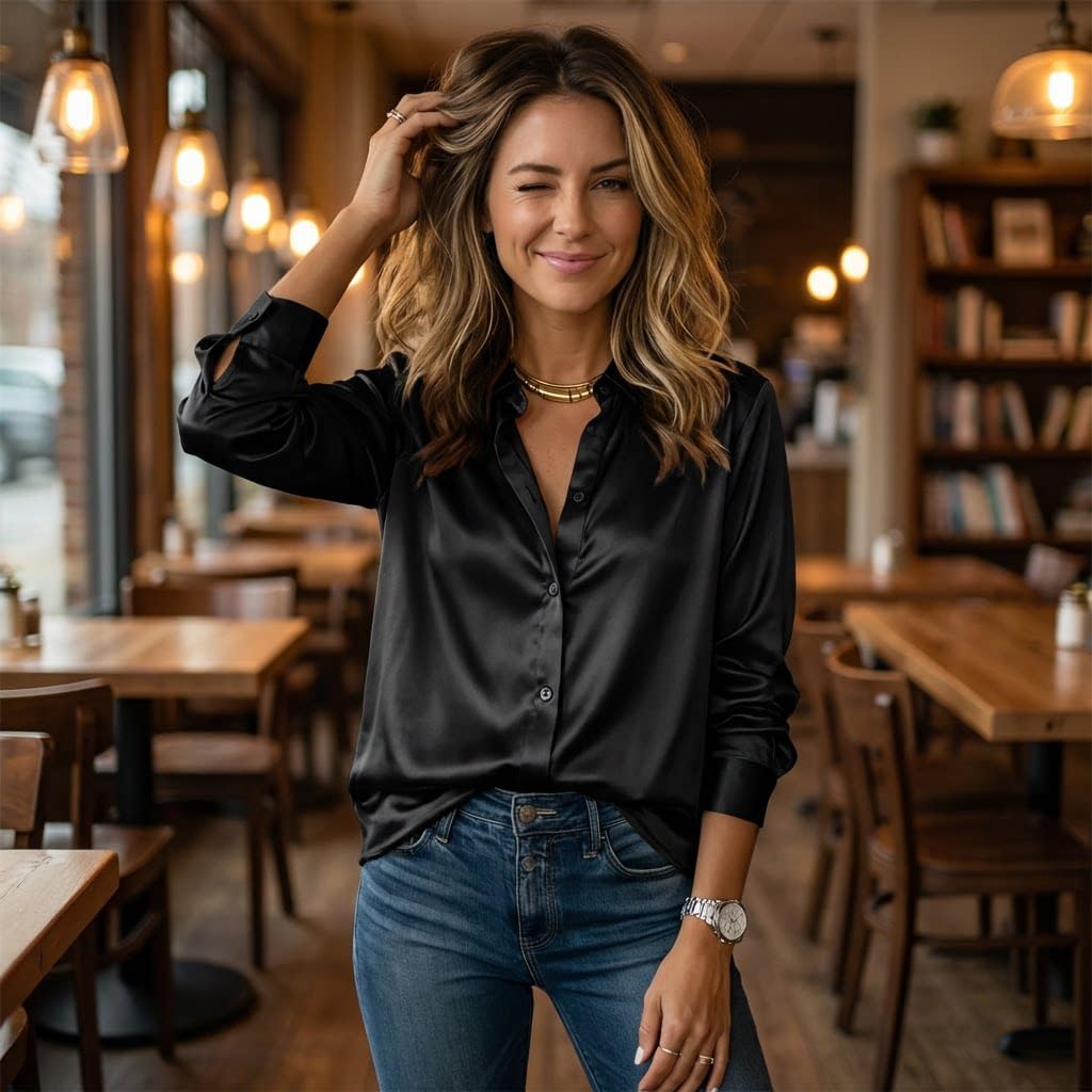 Camicia Donna,Camicia da Donna a Maniche Lunghe con Colletto risvoltato in Raso, Camicia Ampia con Bottoni per Ufficio.
