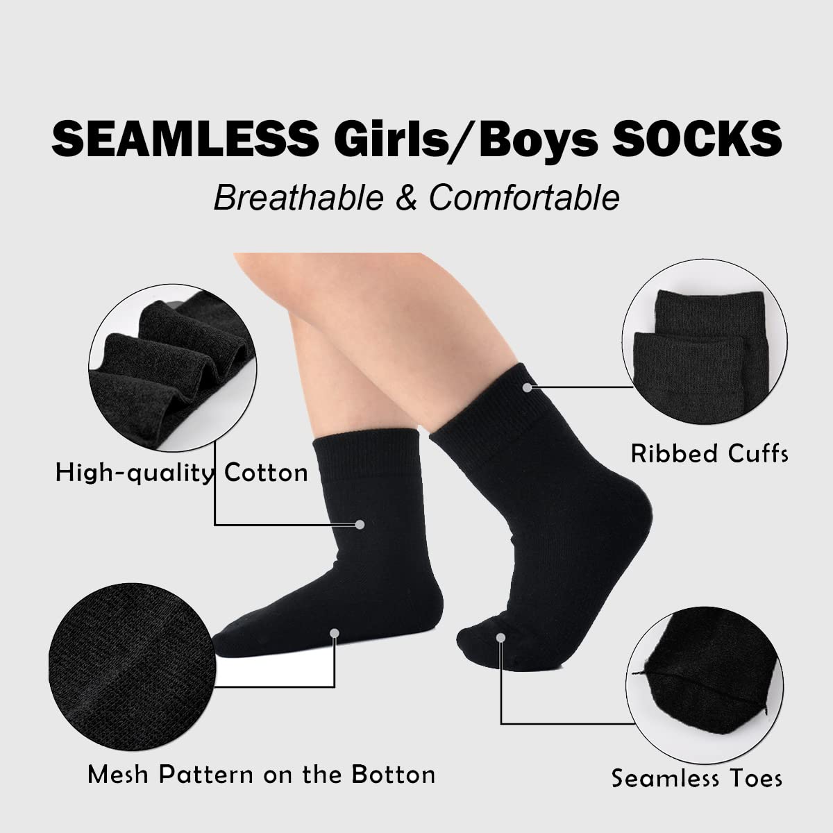 Marchare Chaussettes pour enfants sans couture Girls Crew en coton, blanches, noires et grises, lot de 6.